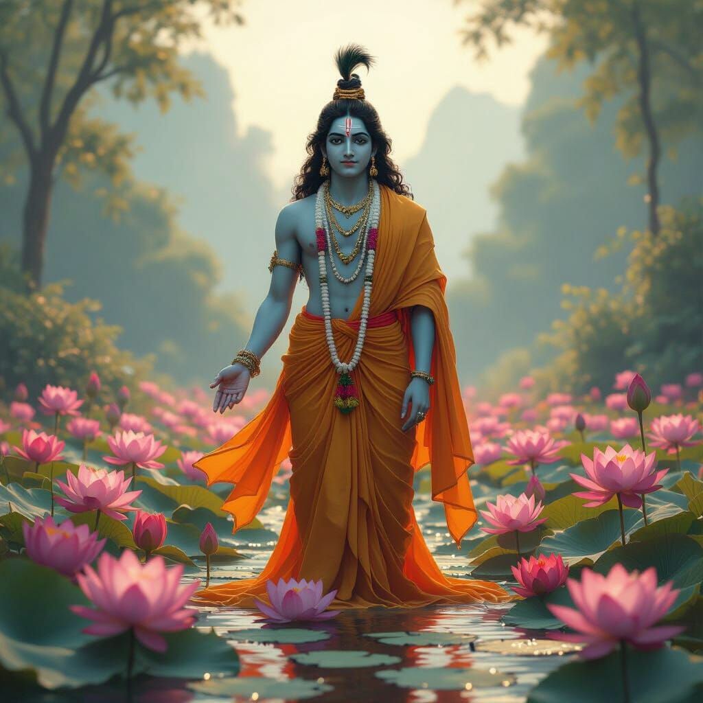 Lord Krishna in Lotus Garden, Dreamy Digital Art