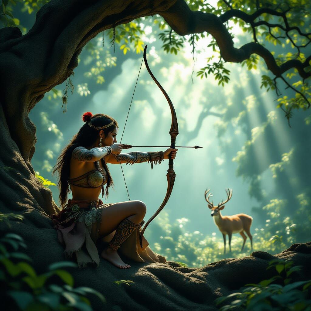 Tribal Hunter Aims Bow from Ancient Forest Tree