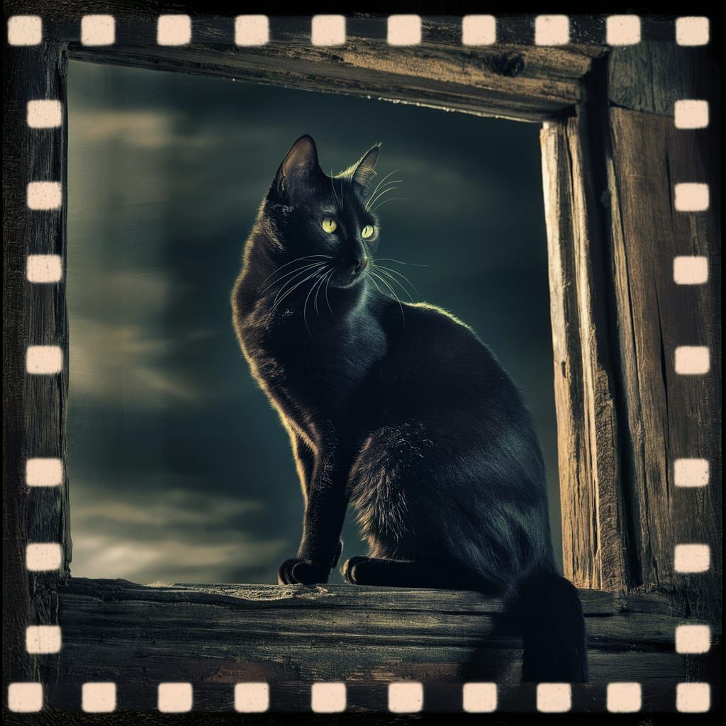 Dramatic Film Still of a Black Cat on Windowsill
