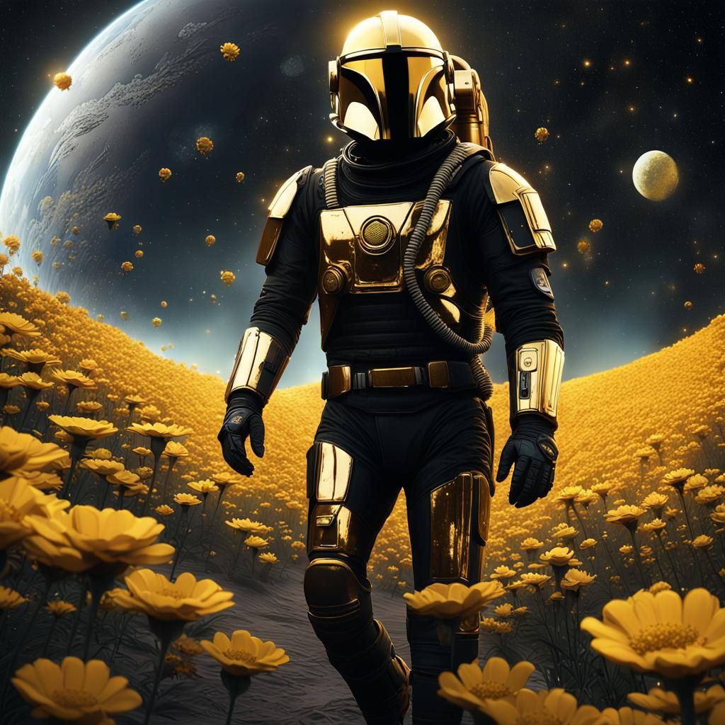 Astronaut on Alien Planet with Golden Flowers