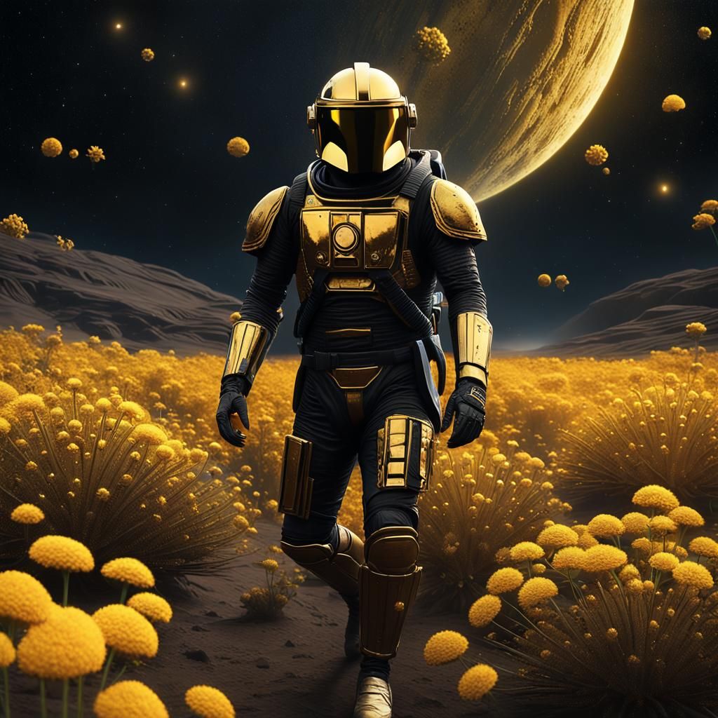 Golden Astronaut Among Space Flowers
