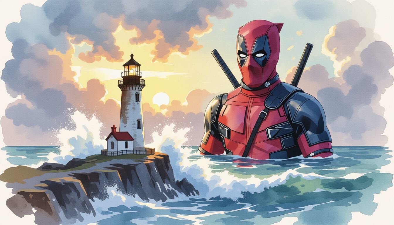 Lighthouse with Deadpool in Watercolor Painting