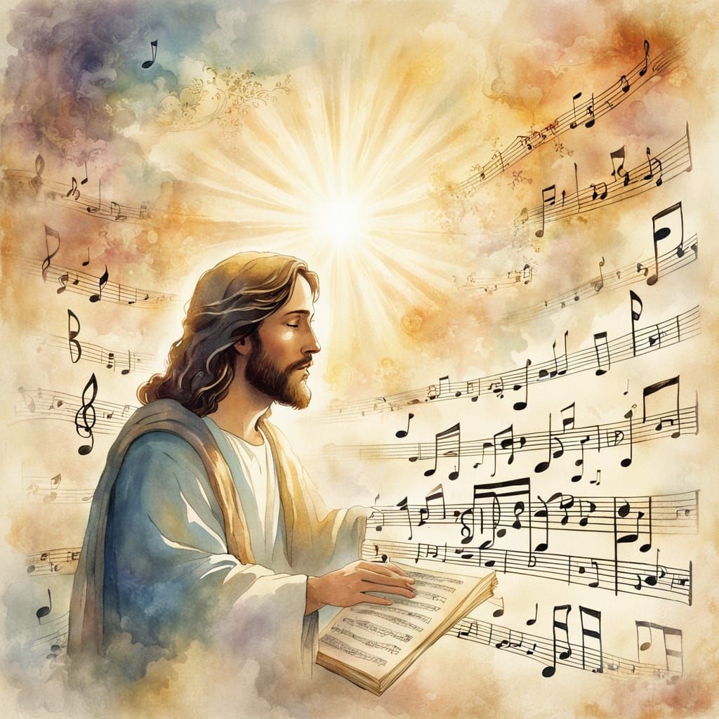 Jesus on Faded Musical Sheet in Ethereal Watercolor
