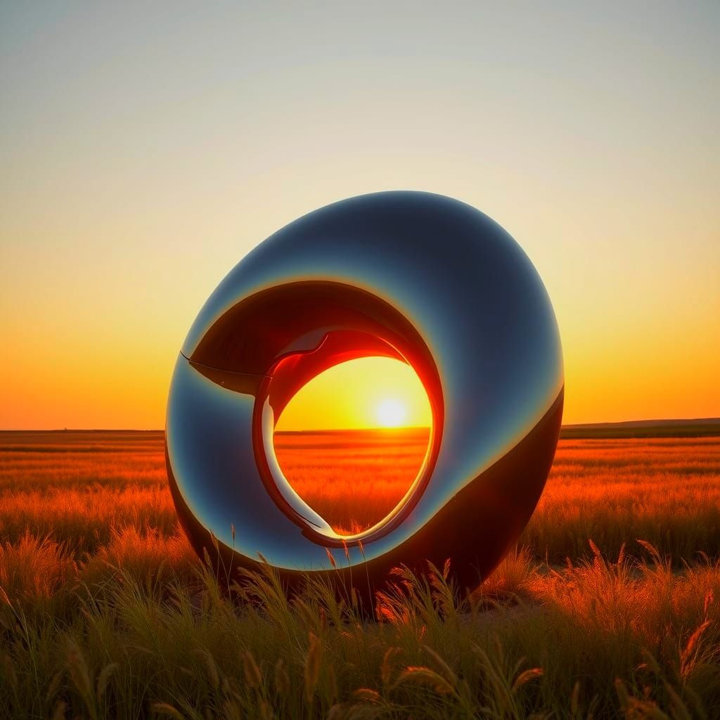 Sculpture in Chrome Reflects Sunset in Empty Field