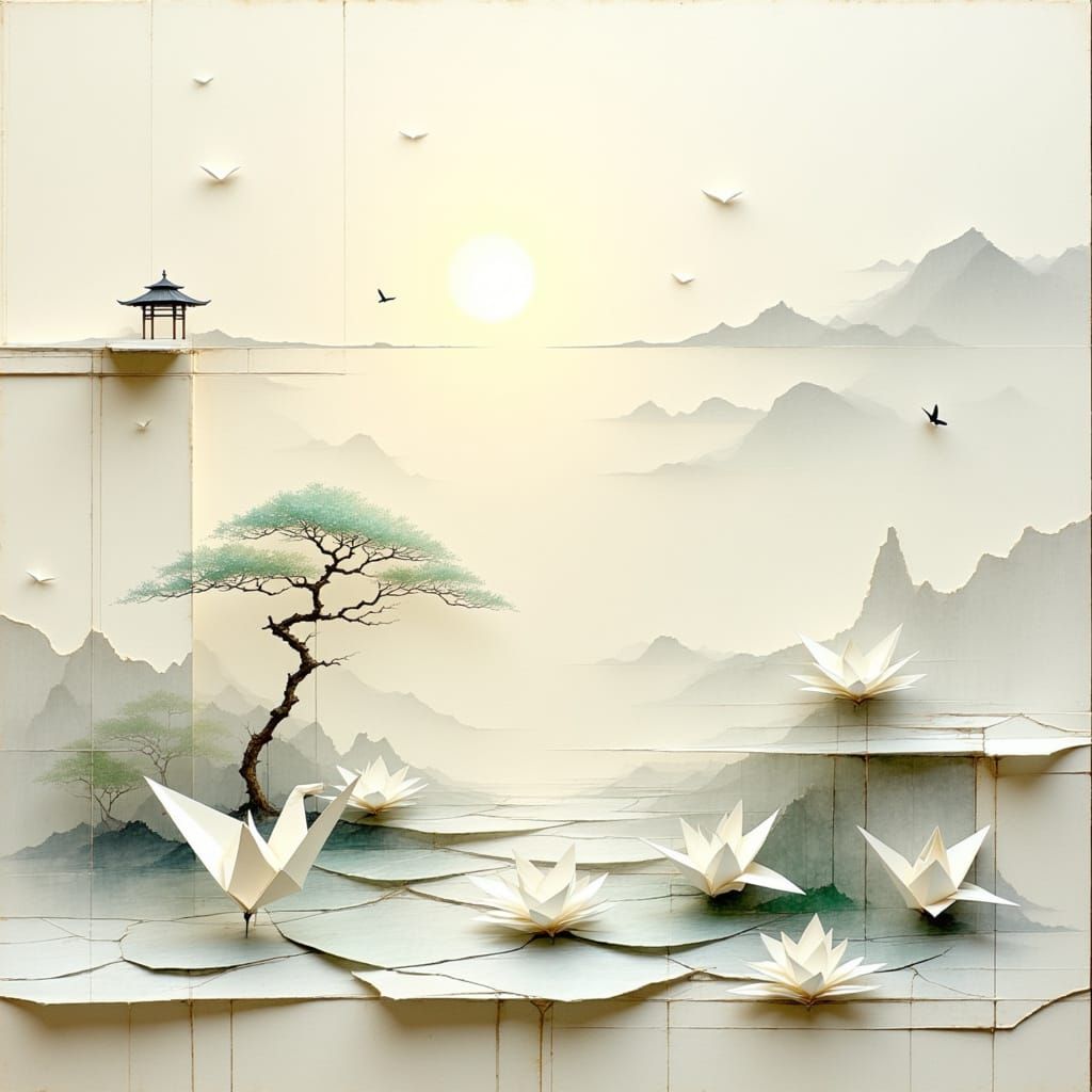 Zen Garden with Origami and Glass, in Wabi-Sabi Style