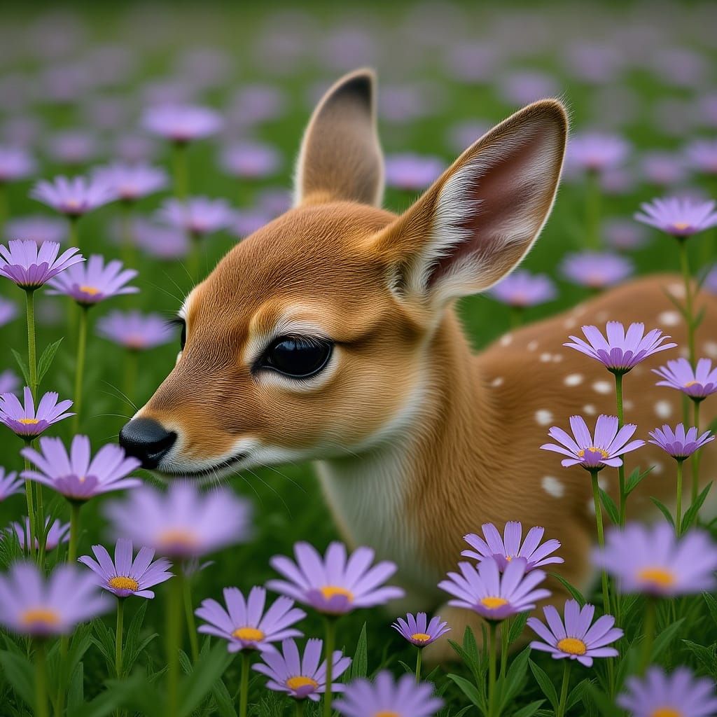 Peaceful Fawn in Field of Lilacs
