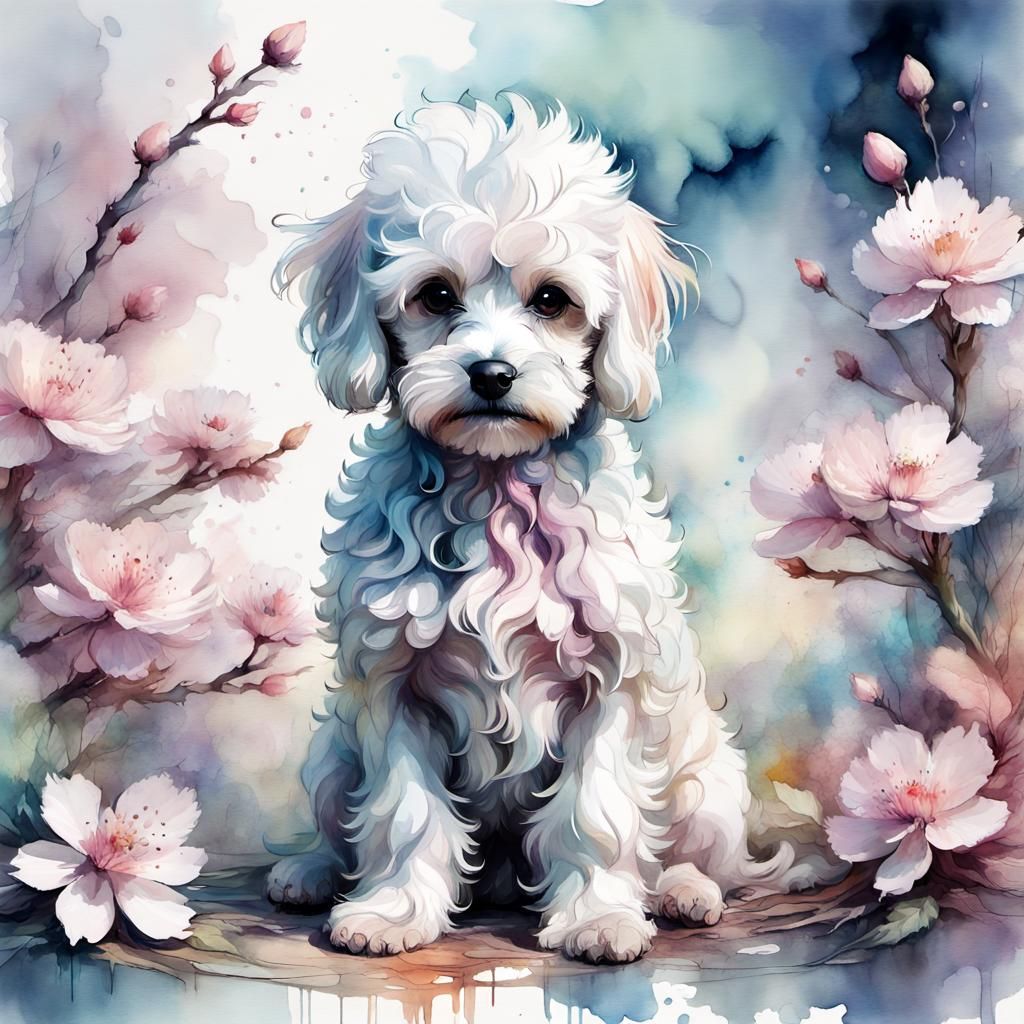 Blossom on Maltese Poodle in Watercolor Fantasy