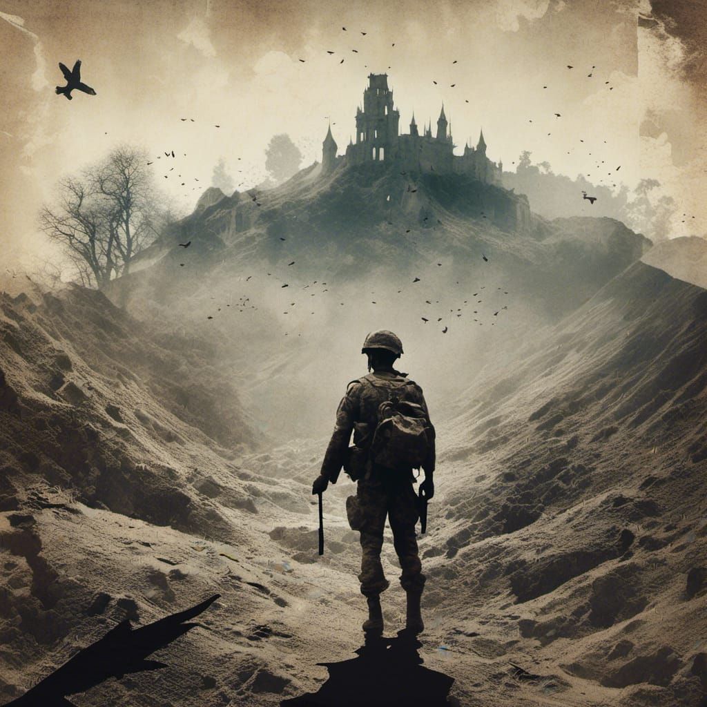 War Scene Double Exposure in Italian Neorealist Style