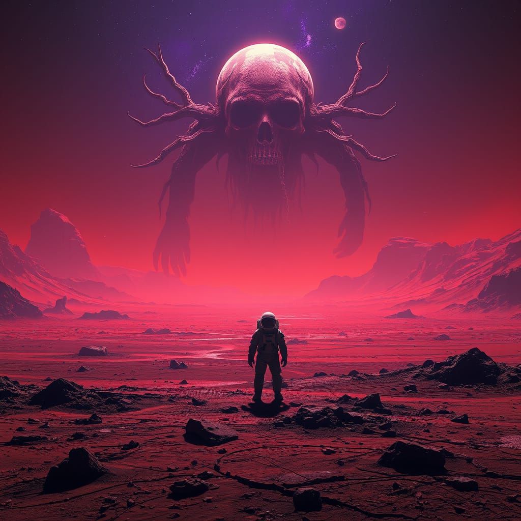 Mars Explorer Confronts the Reaper in Dark Fantasy Landscape