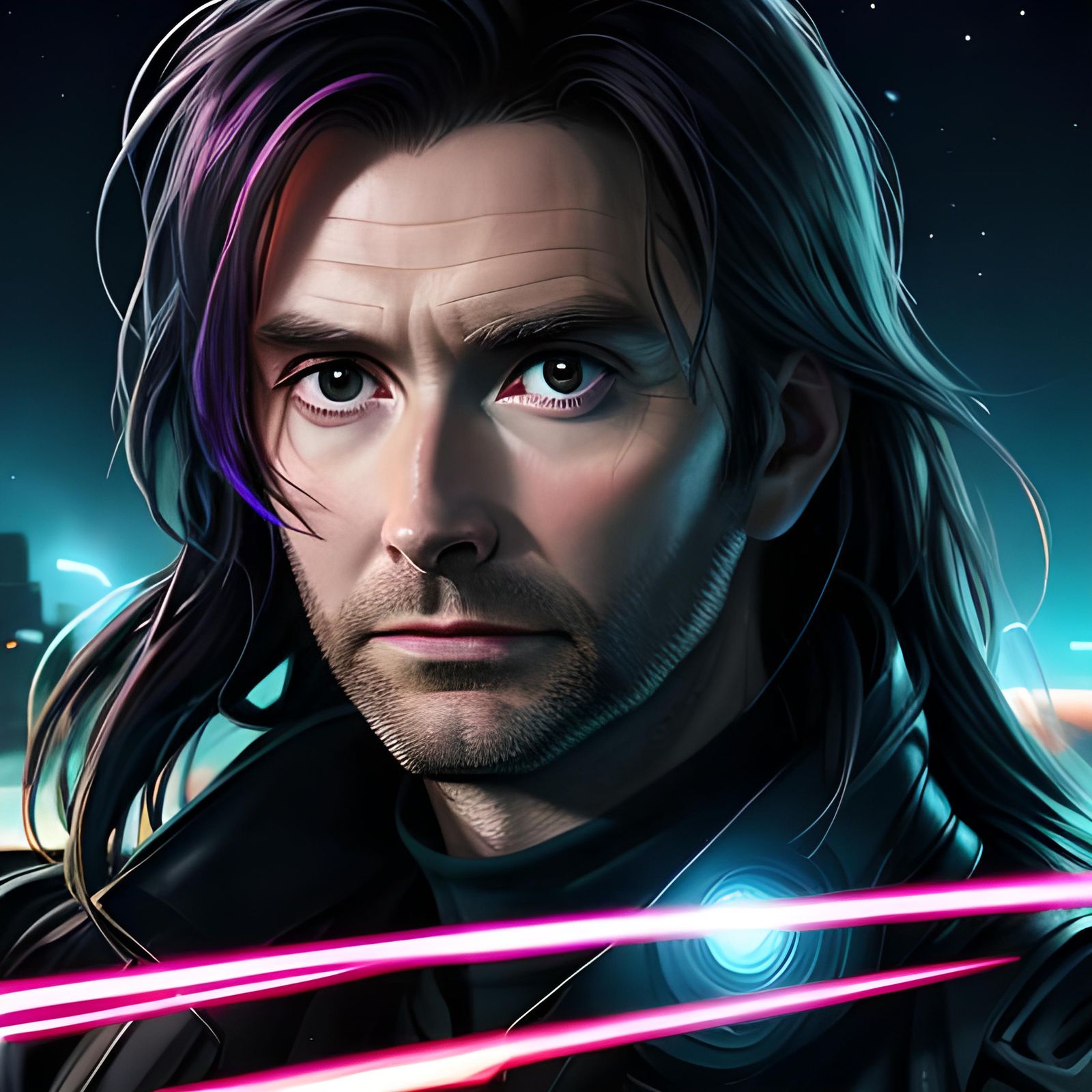 Nebula Night: Long-Haired Figure in Cyberpunk Style