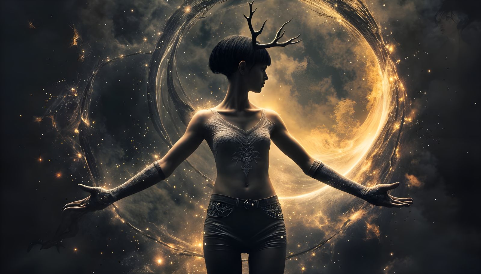 Cosmic Balance Character in Dark Oil Paint Style