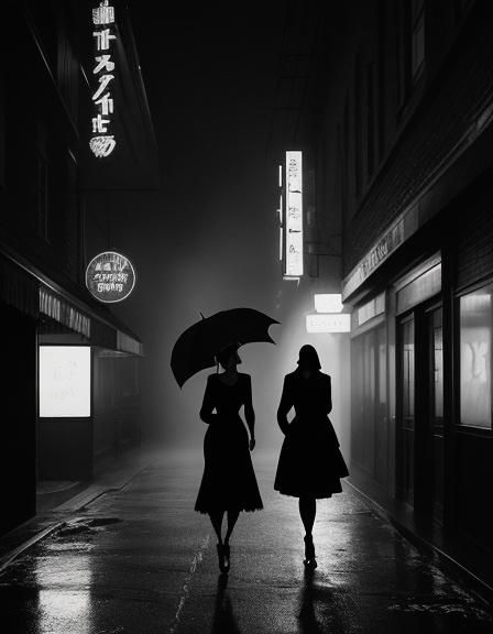 Film Noir-Fotografie: Eine geheimnisvolle Frau in einem eleganten schwarzen Kleid steht in einem dunklen, nebligen Straß...