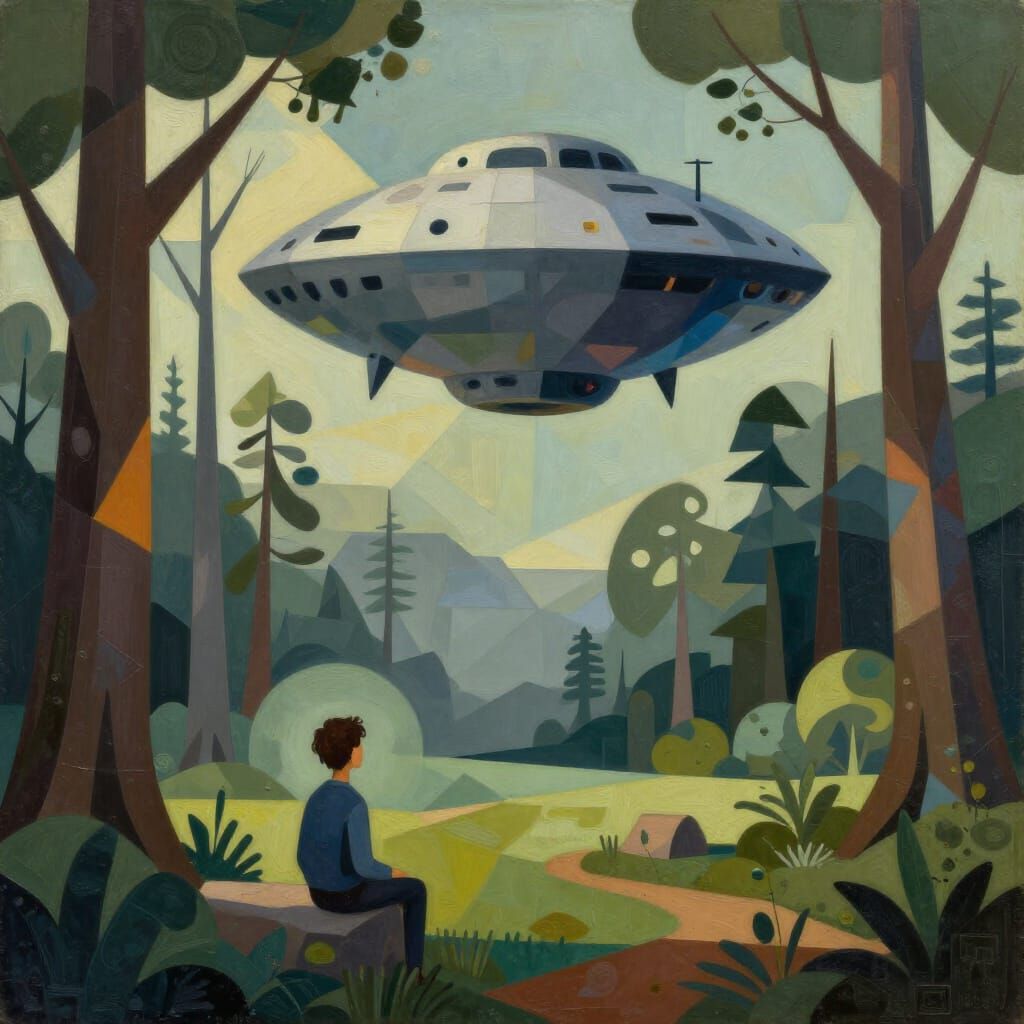 Alien Ship Lands in Forest, Cubist Style
