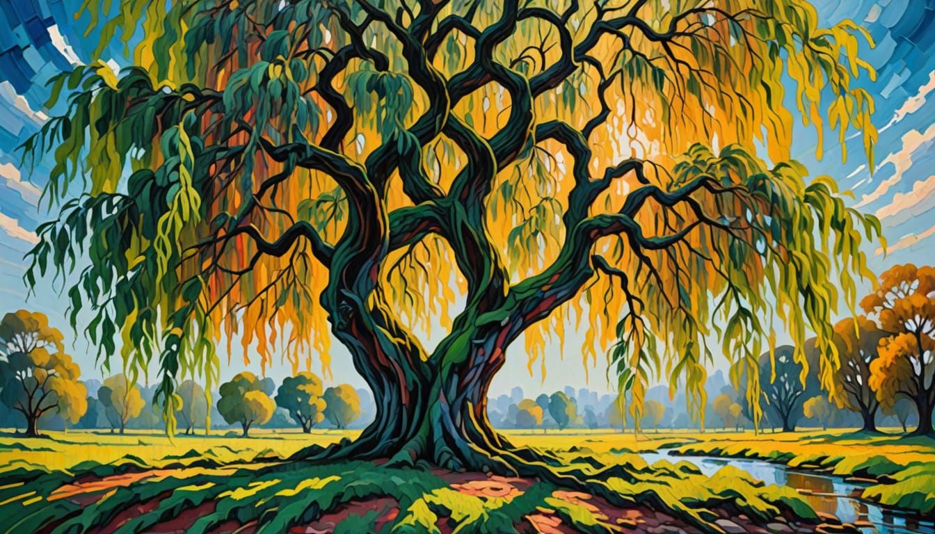 Weeping Willow in Neo-Impressionist Oil Painting