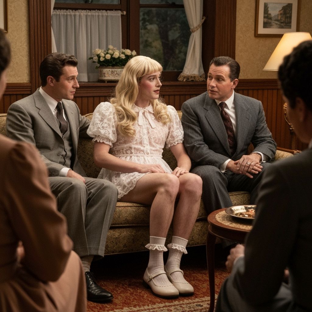 1950s Crossdressing Scene: Young Man in Lace Dress