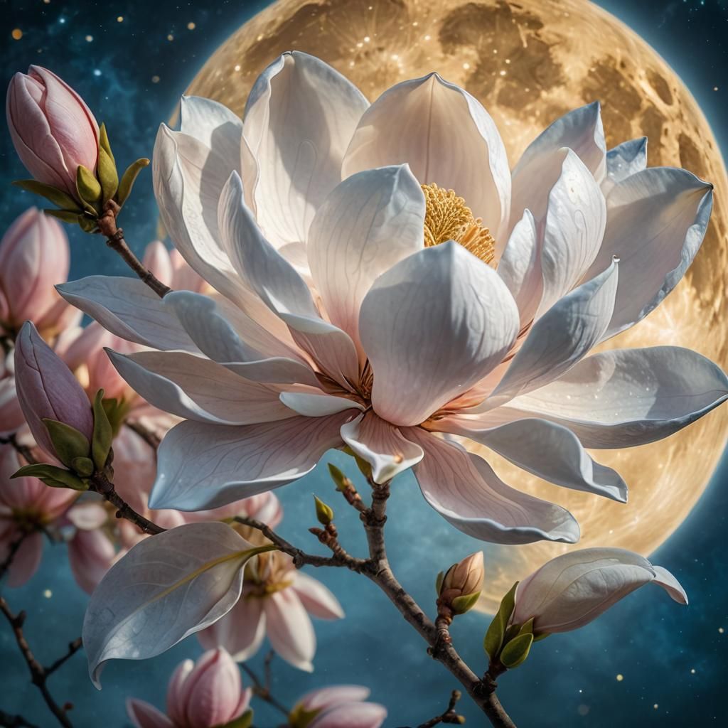 Magnolia Flower in Moonlight: Hyper-Realistic Digital Art