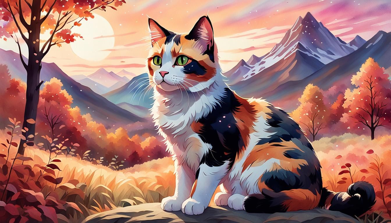 Calico Cat in Autumnal Anime Watercolor Landscape