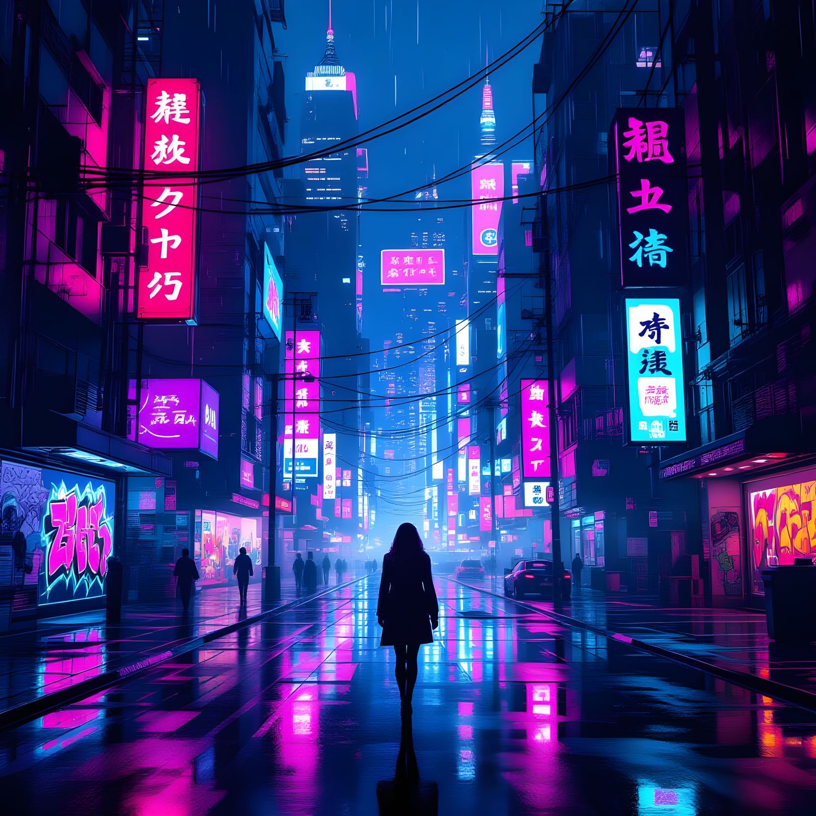 Cyberpunk Cityscape at Night with Neon Lights