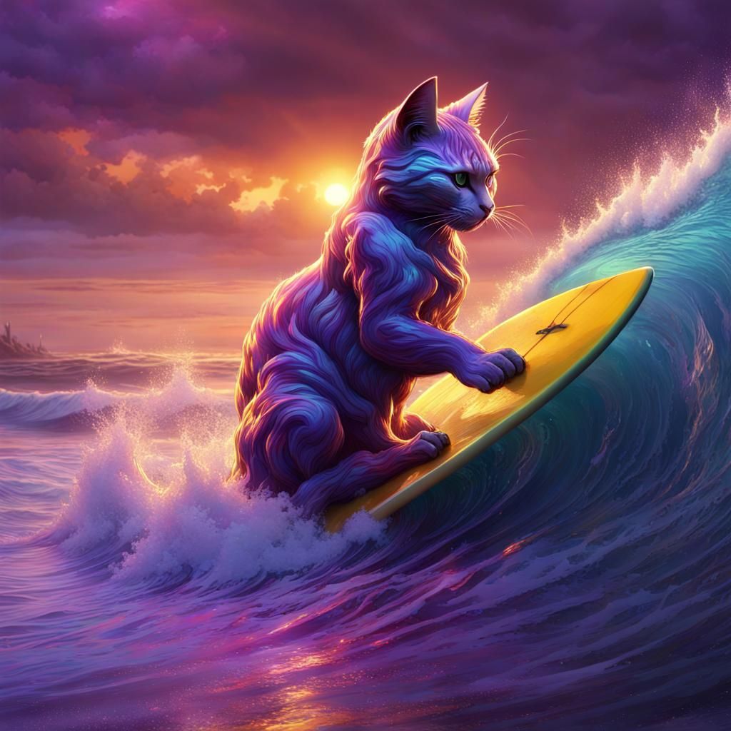 Cat Surfing Tsunami Wave: Dark Fantasy Art