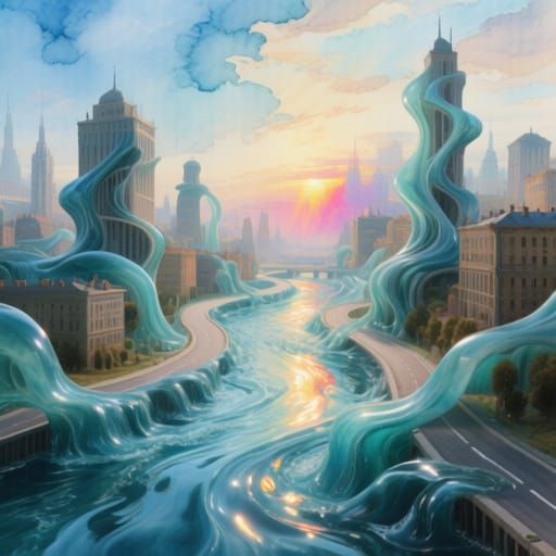 Hyperrealistic Water Cityscape with Watercolor Sky