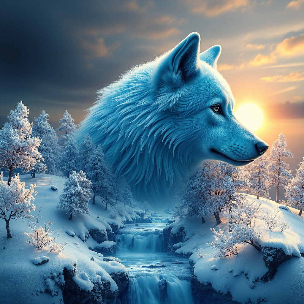 Blue Wolf Head Formed by Frozen Forest