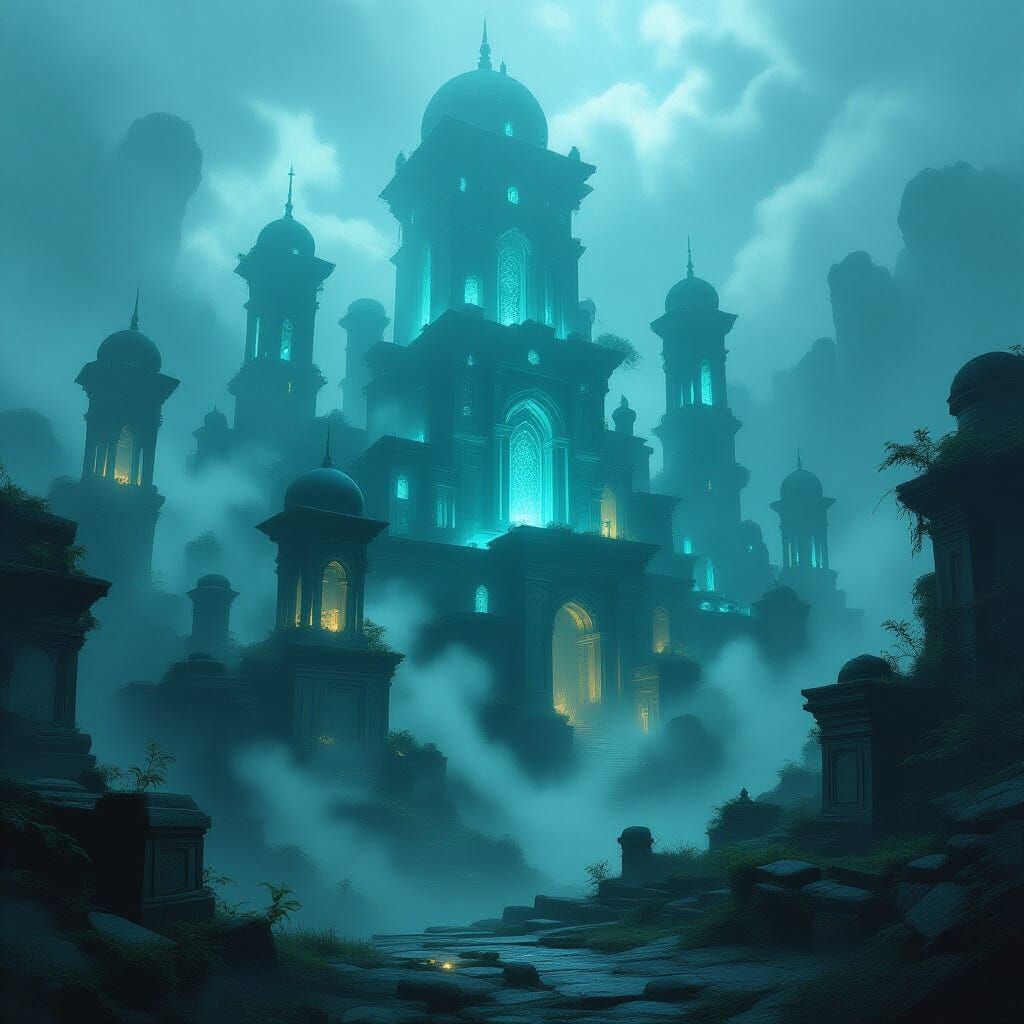 Mystical Fog-Shrouded Ancient City with Bioluminescent Flora