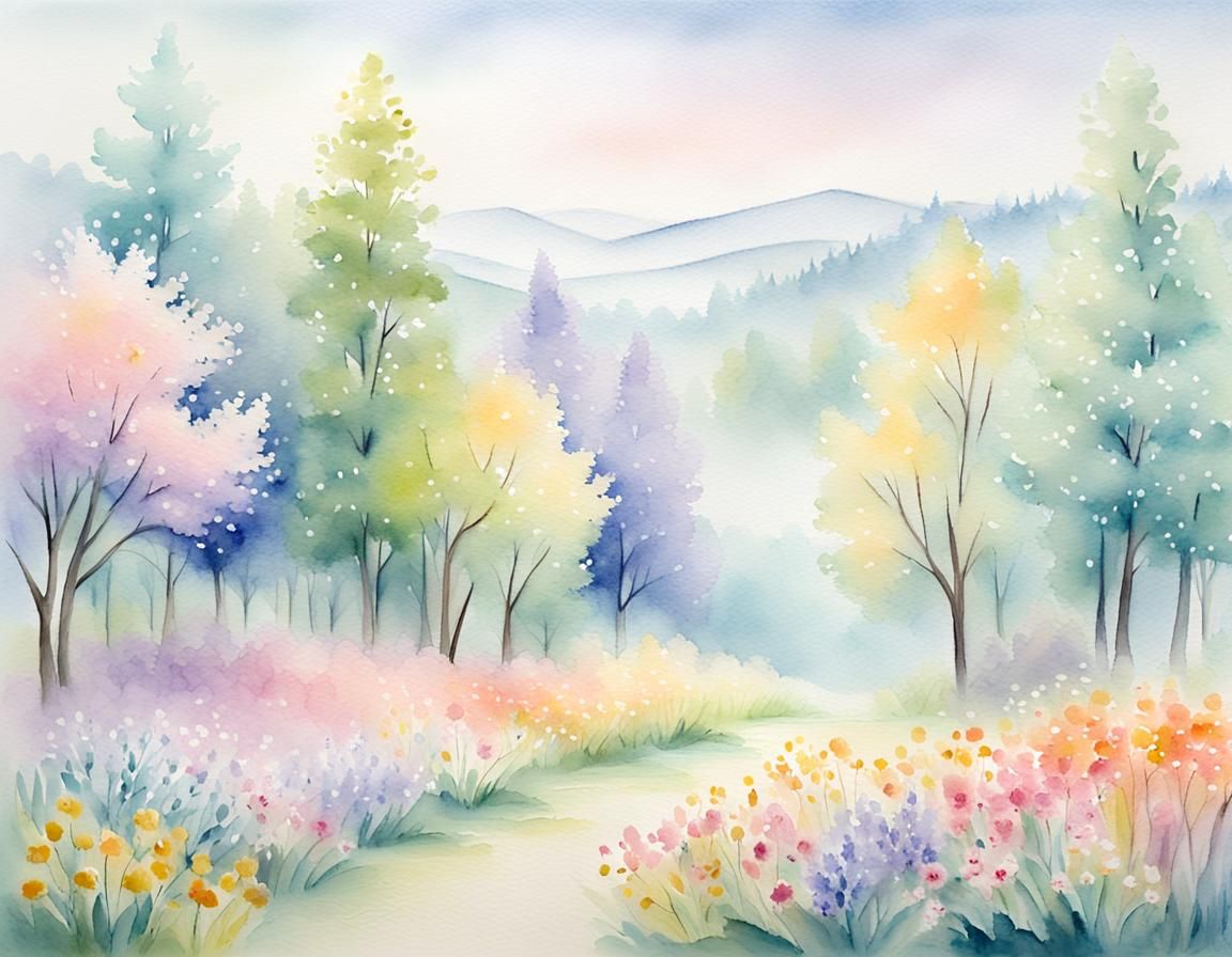 Pastel Watercolor Landscape Painting with Soft Focus
