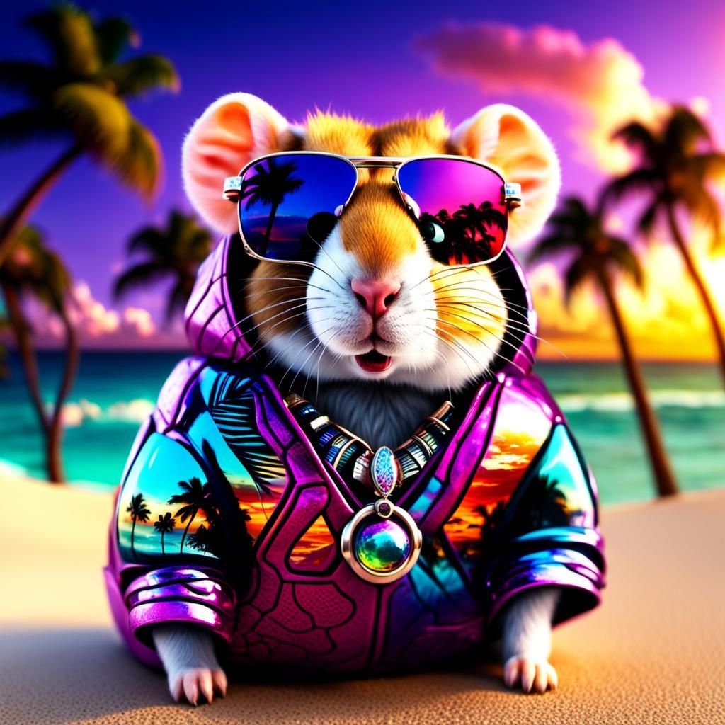 Hamster in Glass Clothing on Tropical Beach