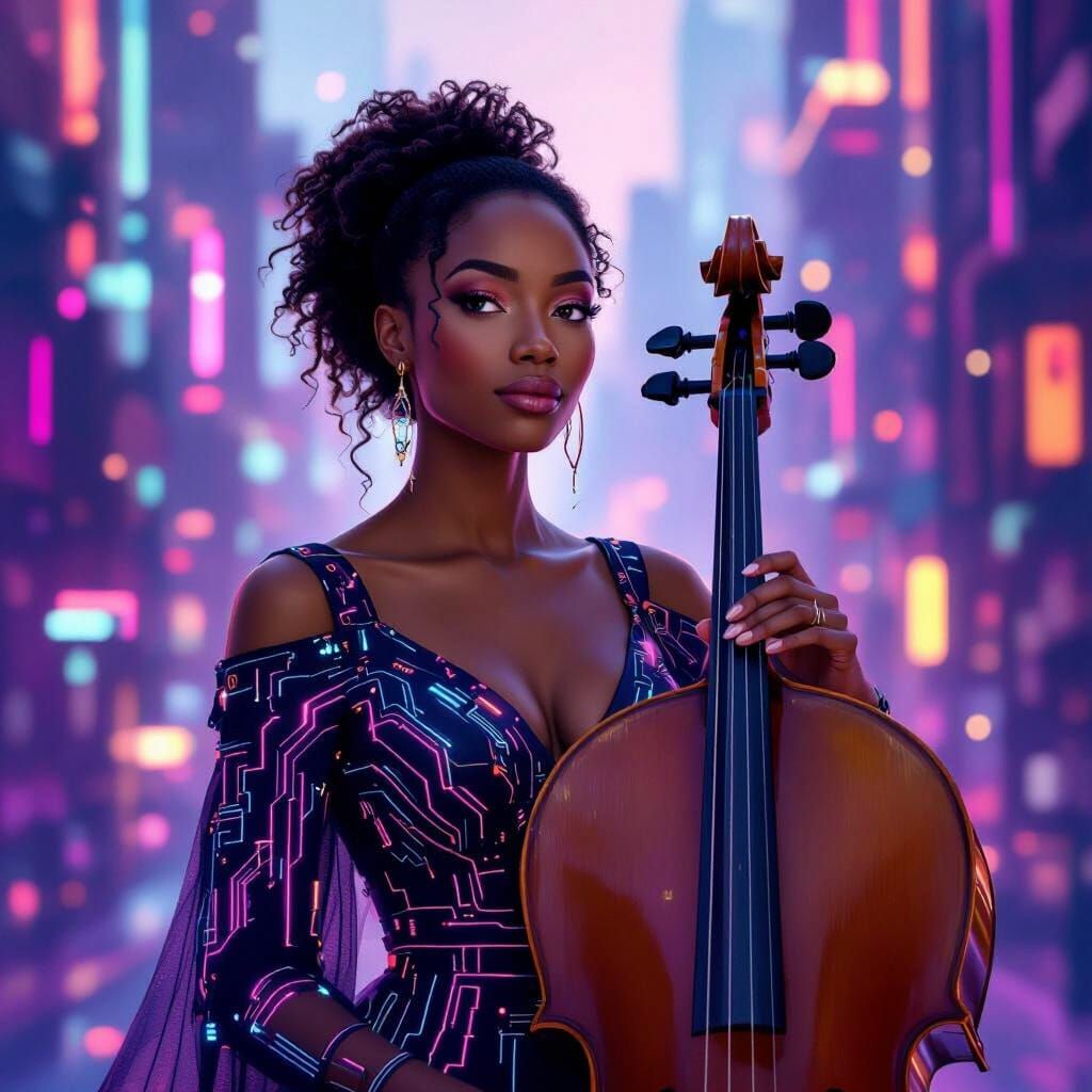 African American Woman with Cello in Abstract Cityscape