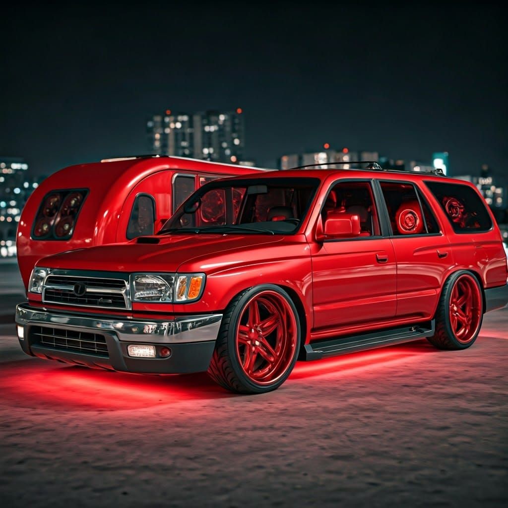 Custom Red 2001 Toyota 4Runner Lowrider at Night