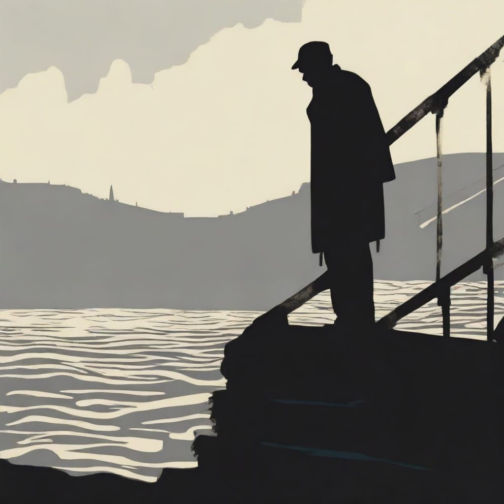 Moody Old Man at Harbour Stairs in Gouache Style