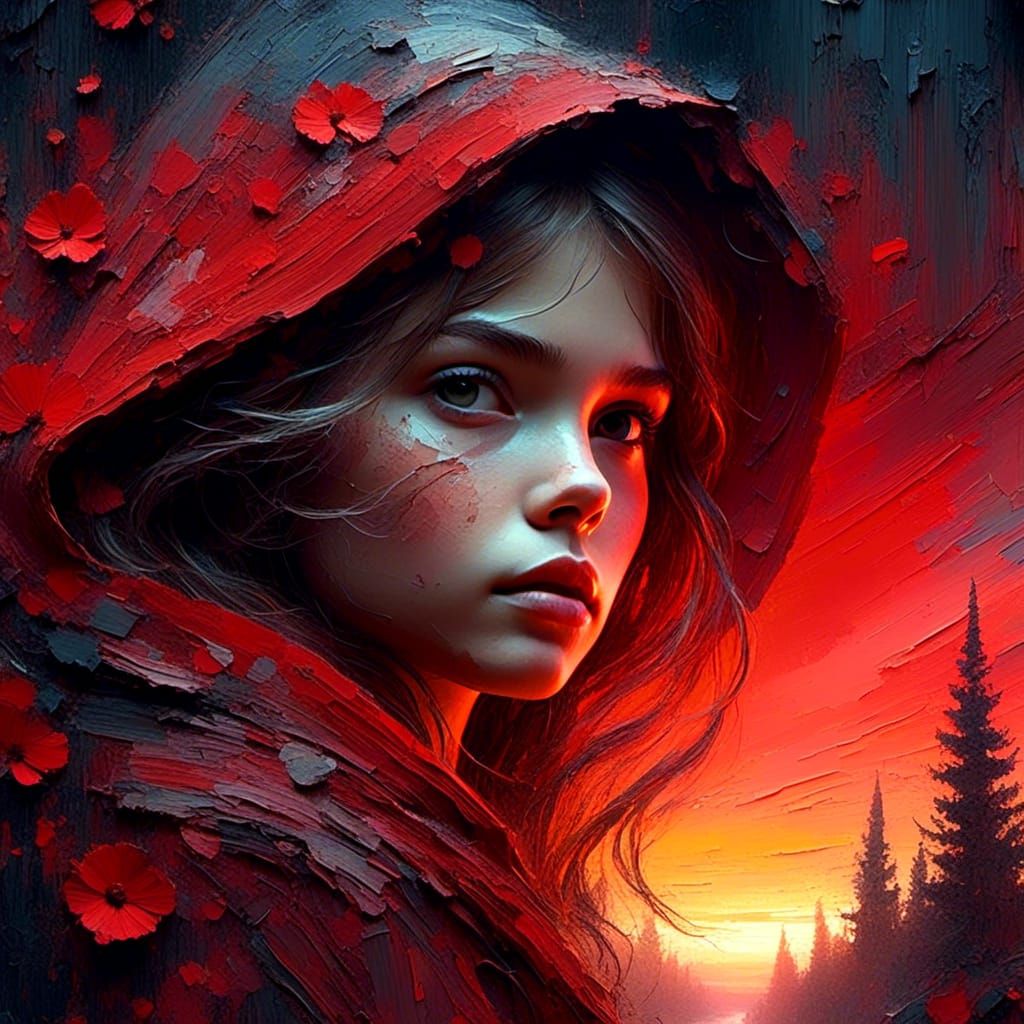 Red Riding Hood Double Exposure Watercolor