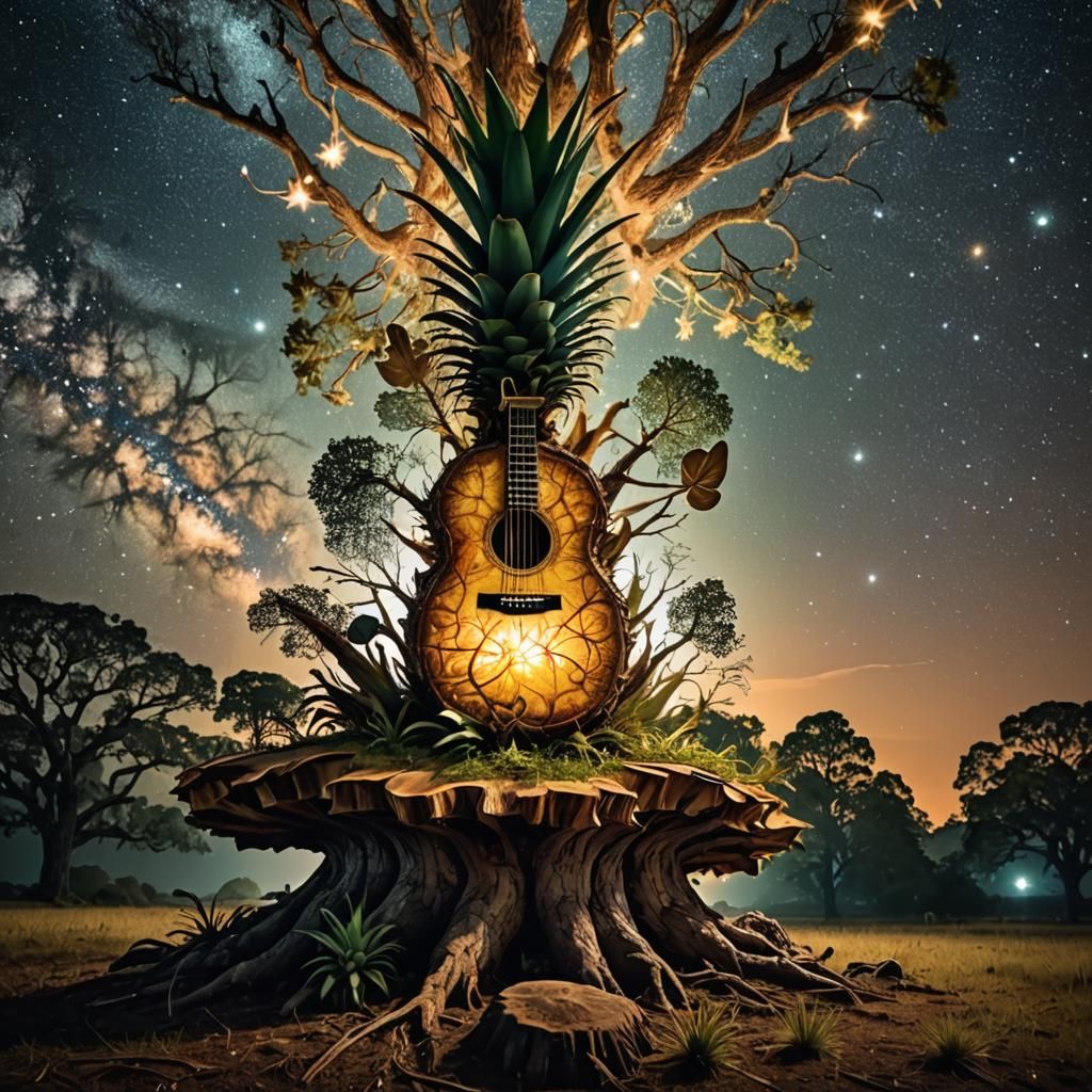 Animated Pineapple Plays Guitar Under Oak Tree