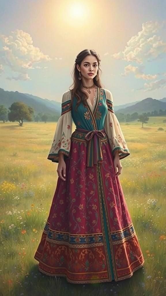 Bohemian Woman in Hyperrealistic Floral Meadow