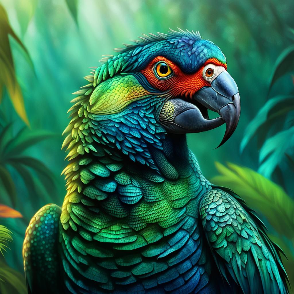 Majestic Parrot Crocodile Hybrid in Vibrant Jungle