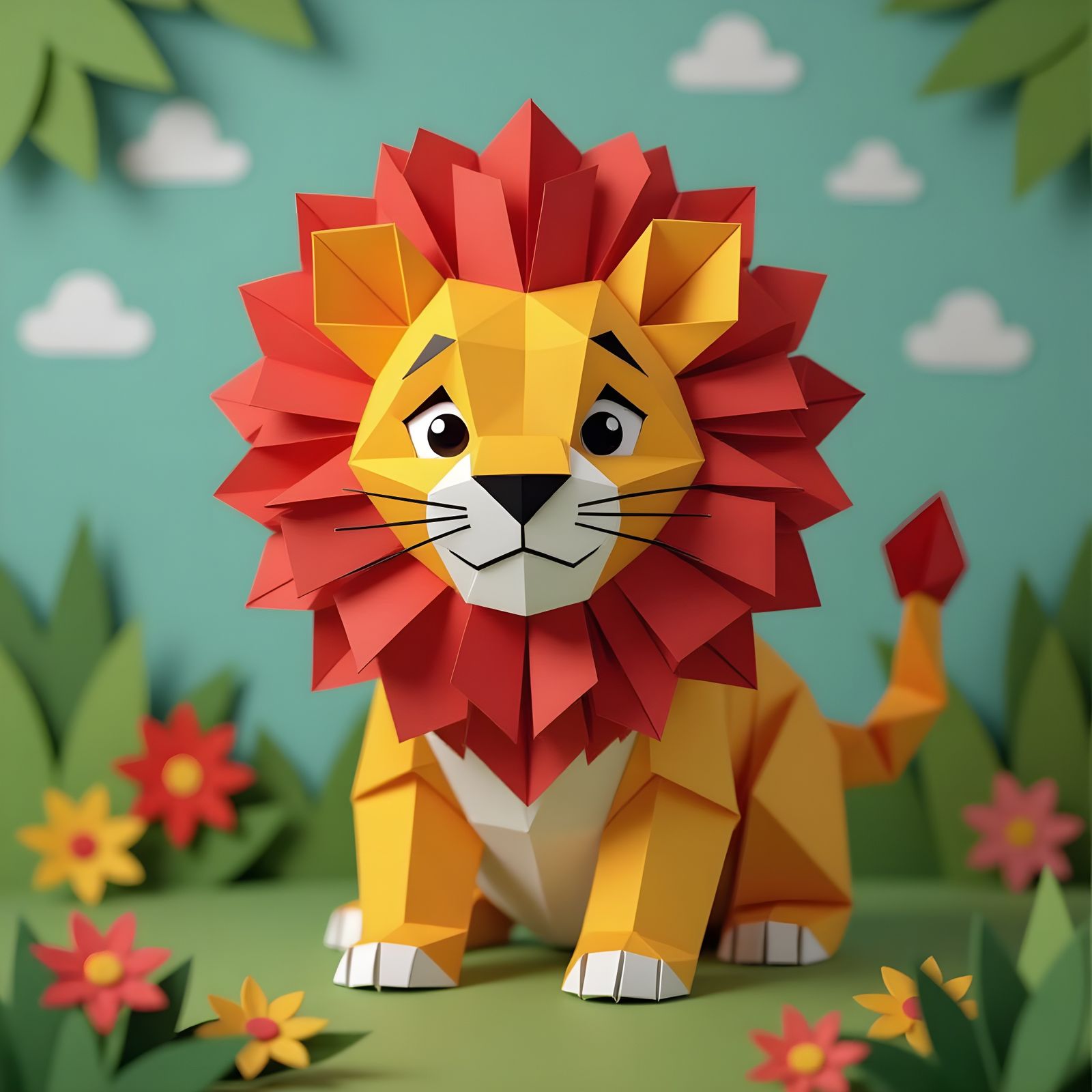 Vivid Origami Lion on Farm Landscape