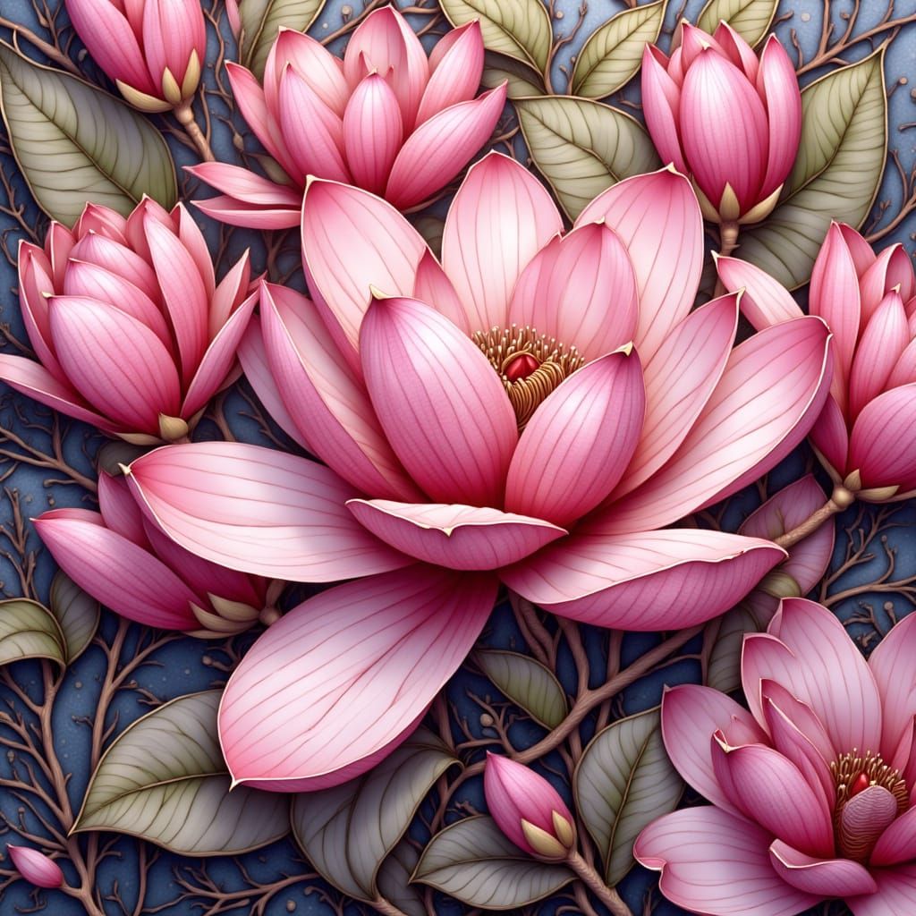 Whimsical Pink Magnolia Zentangle Art