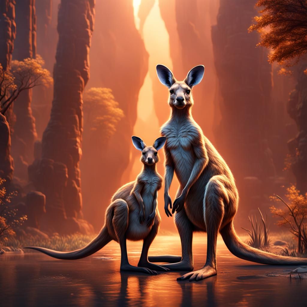 Kangaroo with Joey: Detailed Fantasy Concept Art