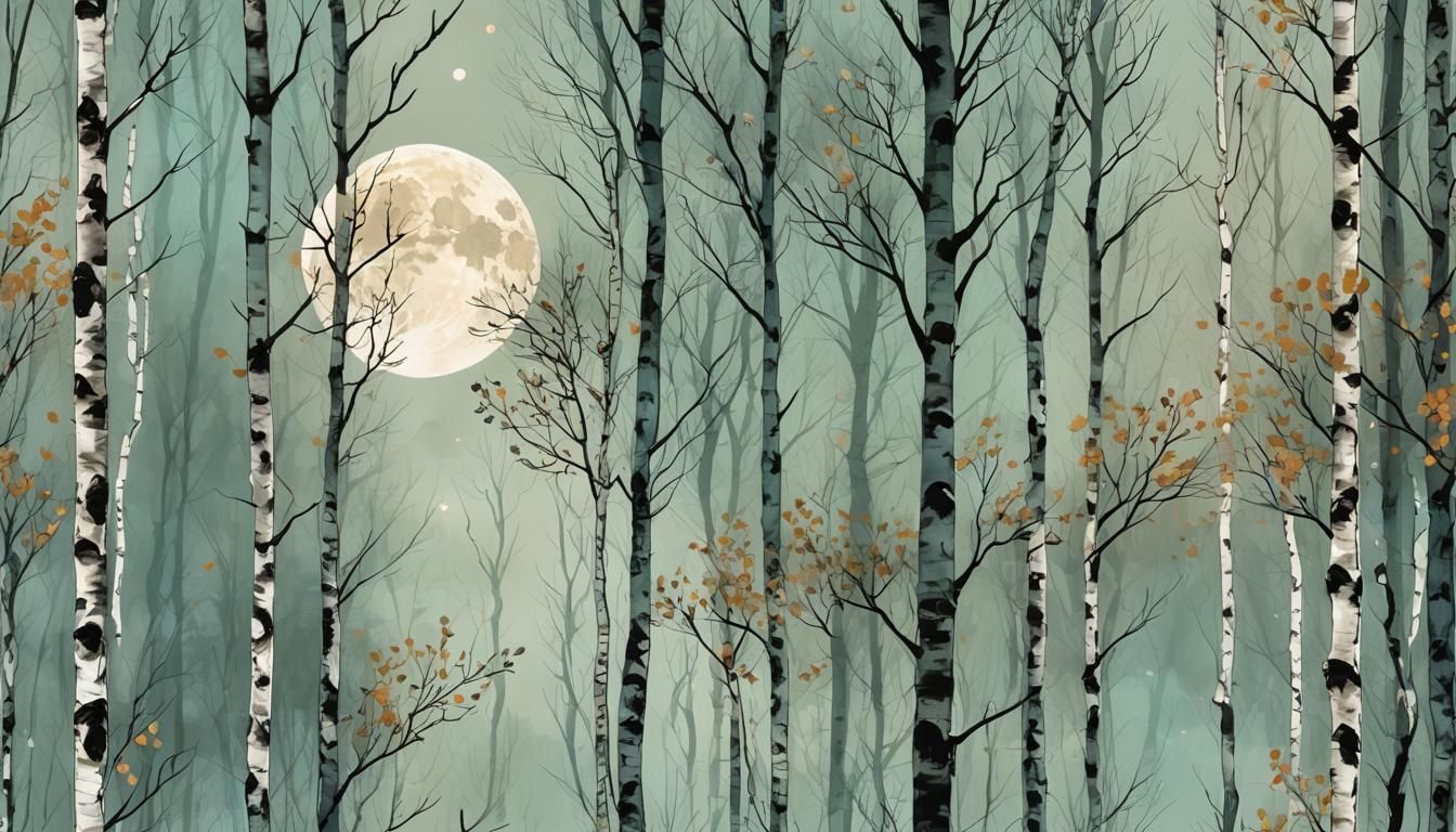 Minimalist Birch Forest Under Full Moon in Alcohol Ink Style
