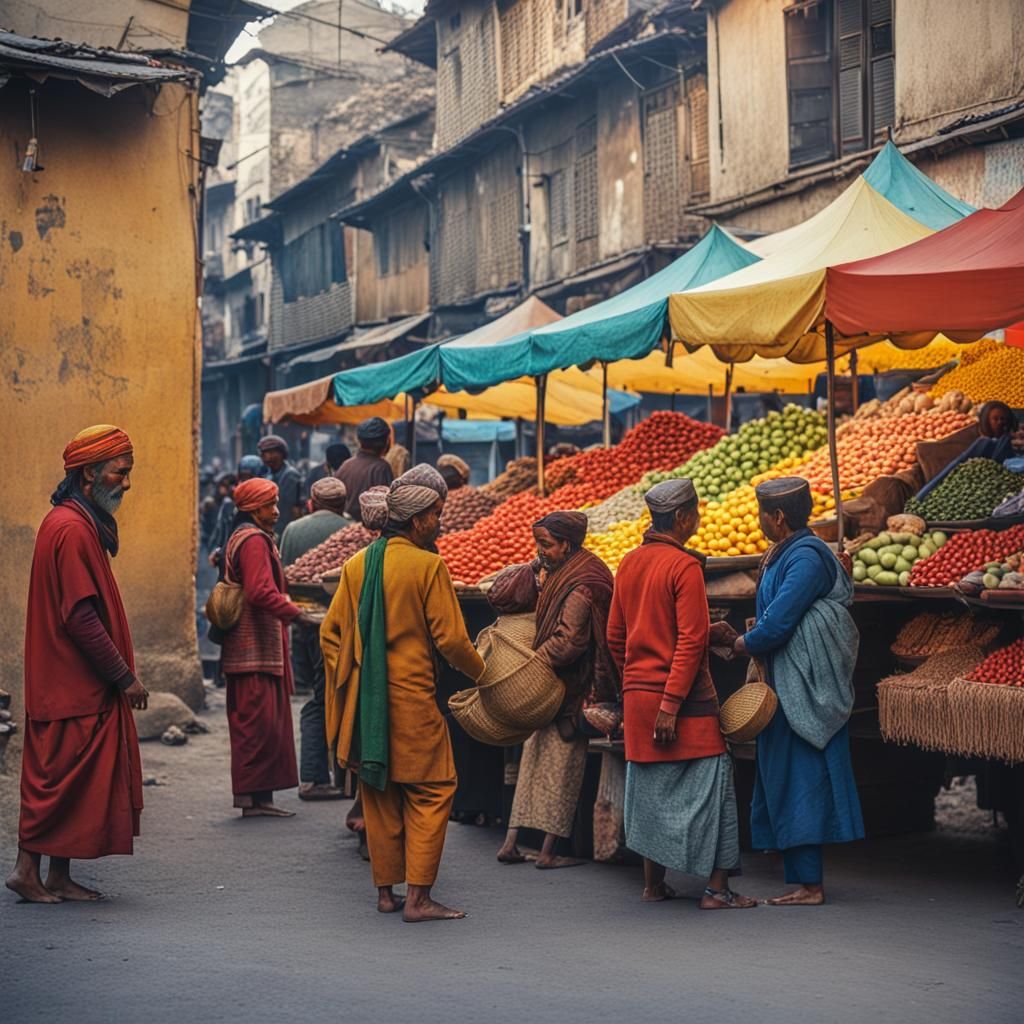 Kathmandu Market, 1970s Hyperrealistic Photo