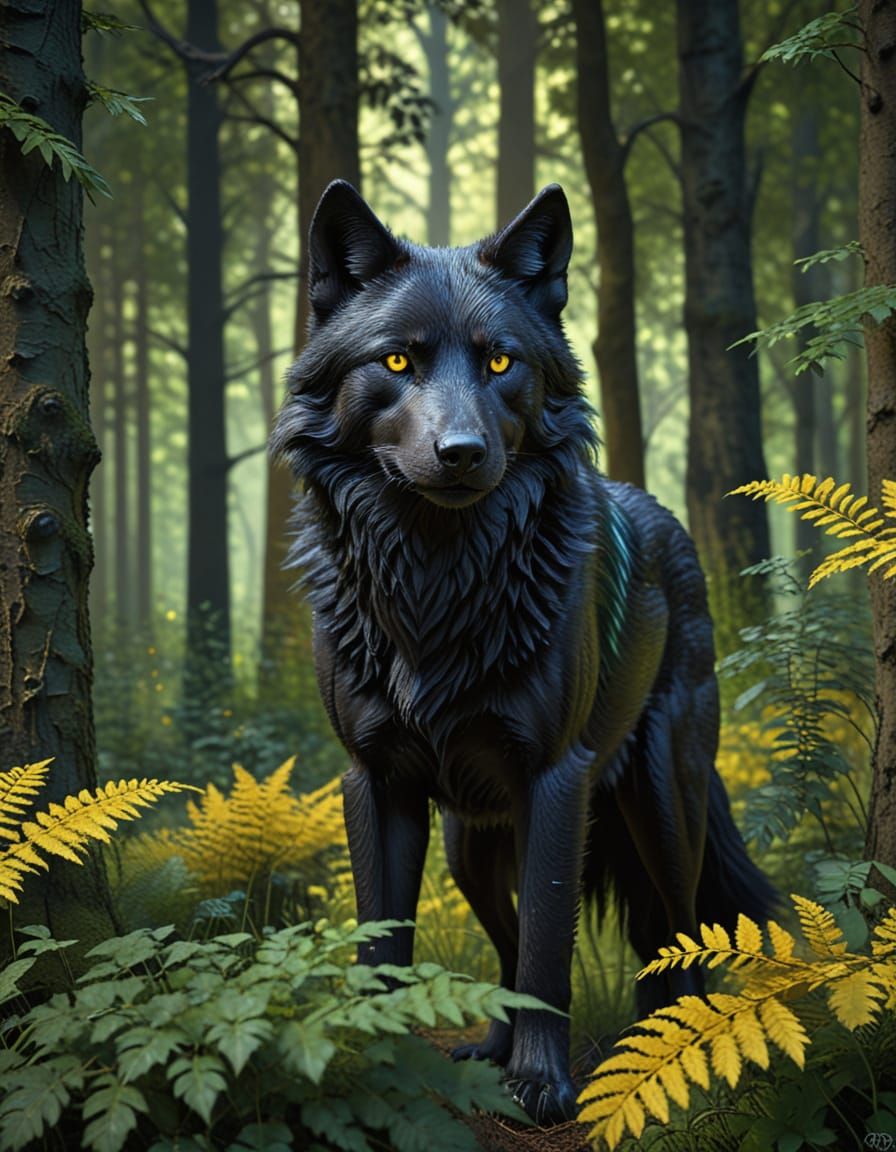 Black Wolf in Hyperrealistic Forest Scene