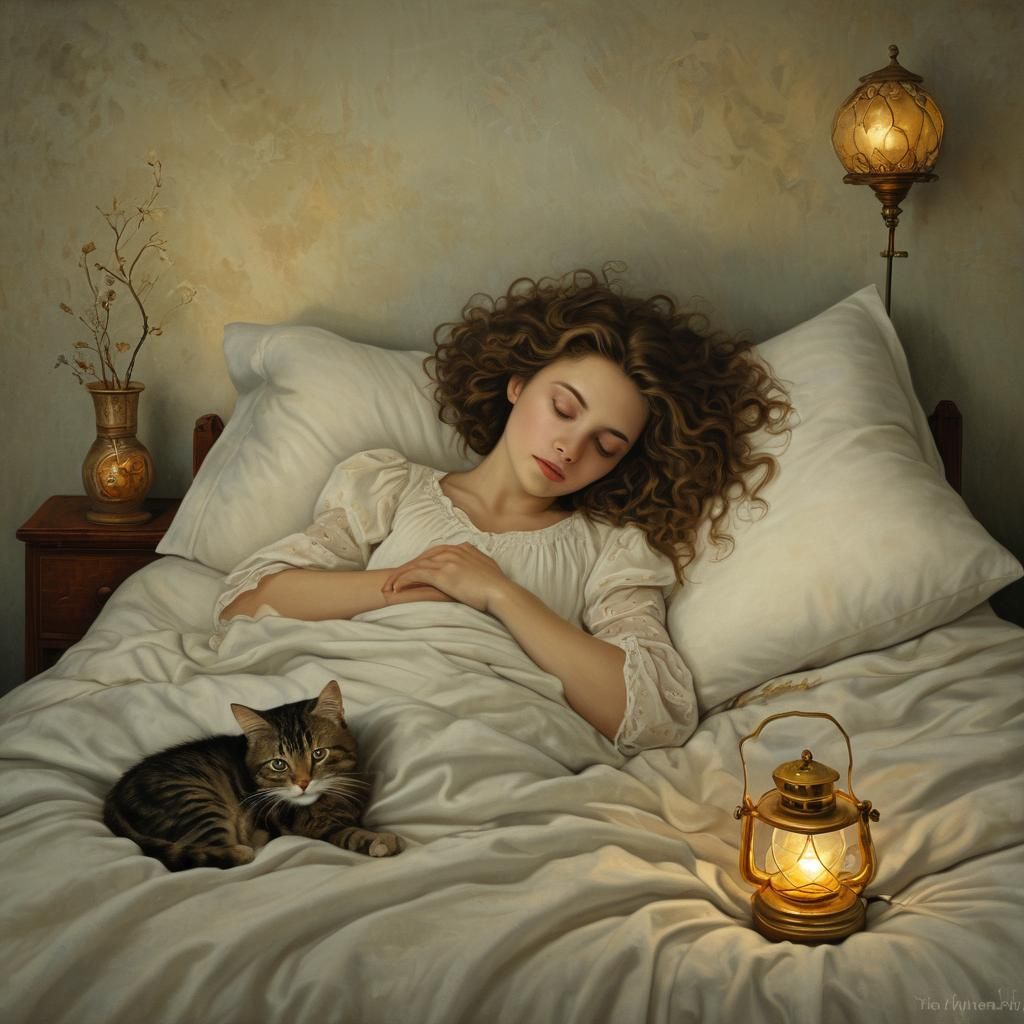 Woman and Lamp-Eyed Cat in Whimsical Folk Art