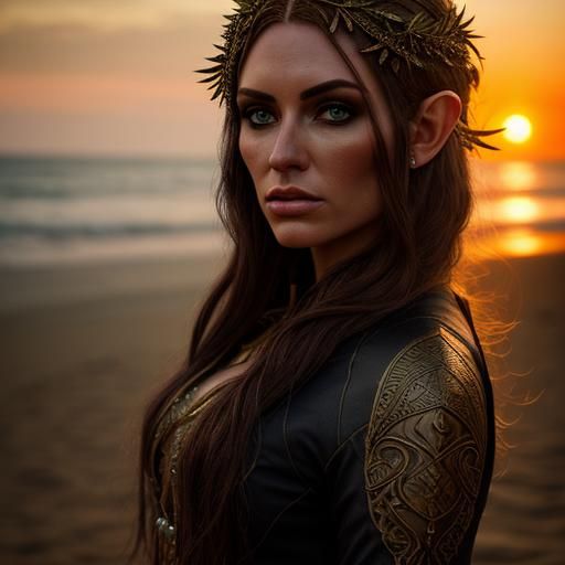 Elven Woman on Beach at Sunset in HDR
