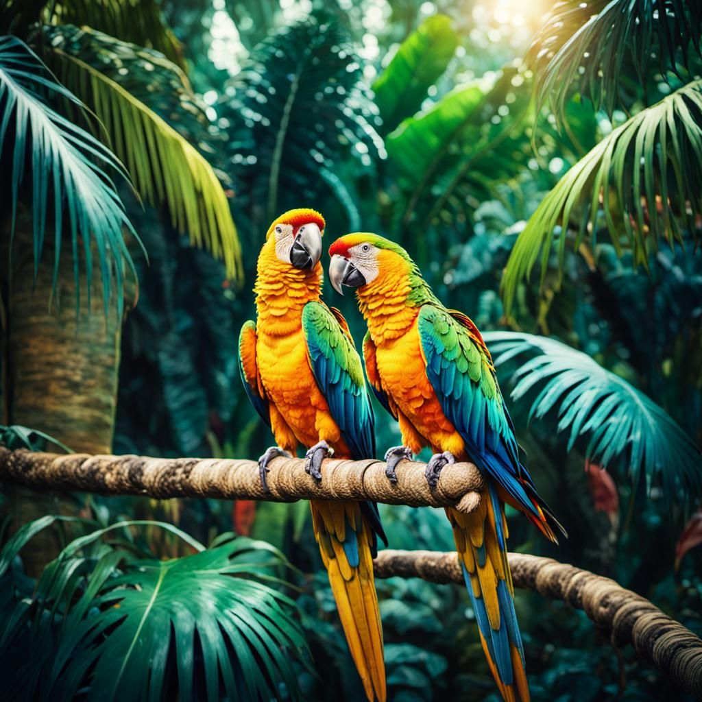 Brilliant Parrots in Tropical Paradise: Cinematic Still