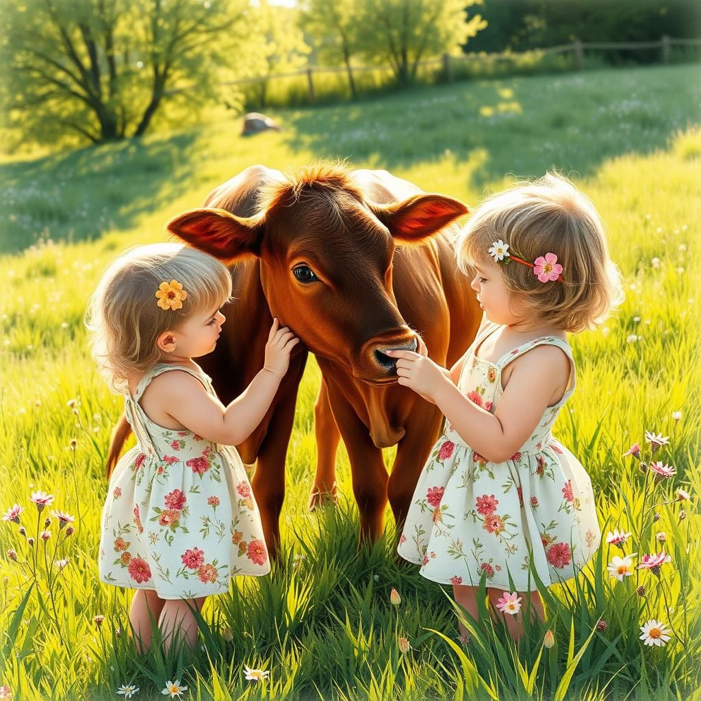Toddlers Petting Cows on Rustic Farm, Folk-Art Style
