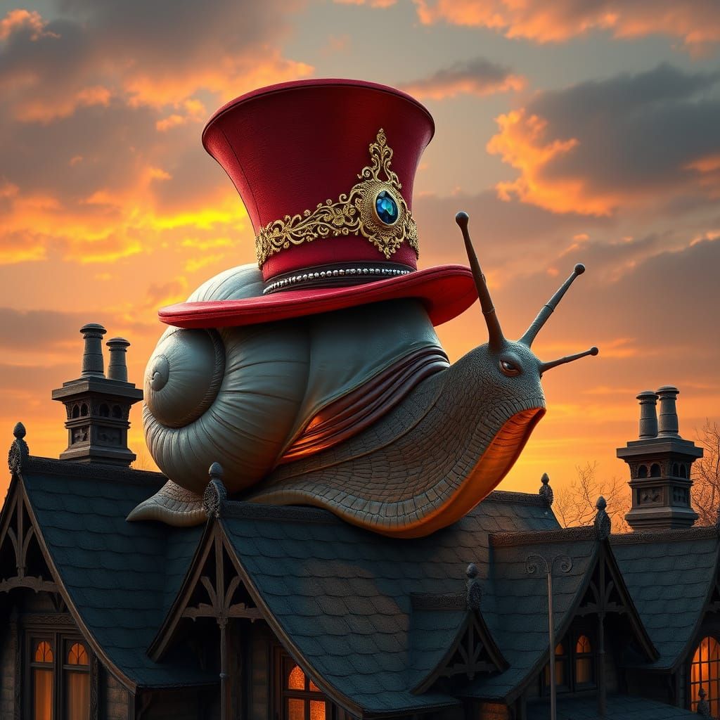 Gigantic Snail Adorns Whimsical Victorian House with Crimson...