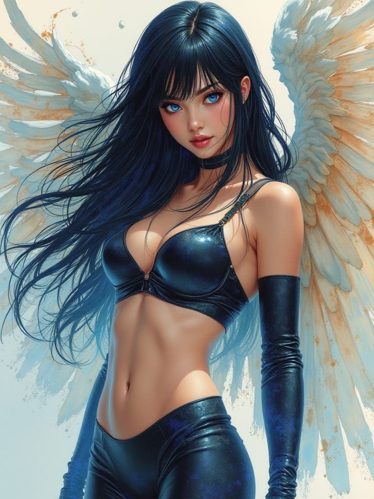 Cyberpunk Angel Pinup in Metallic Watercolor Style