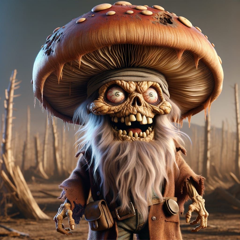 Whimsical Fungi Zombie in Post-Apocalyptic Wasteland