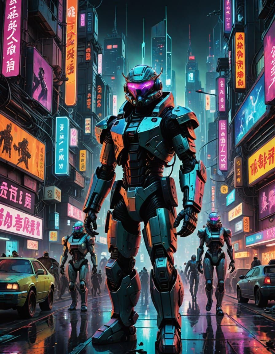 Gritty Cyberpunk Tokyo Androids in Neon Haze