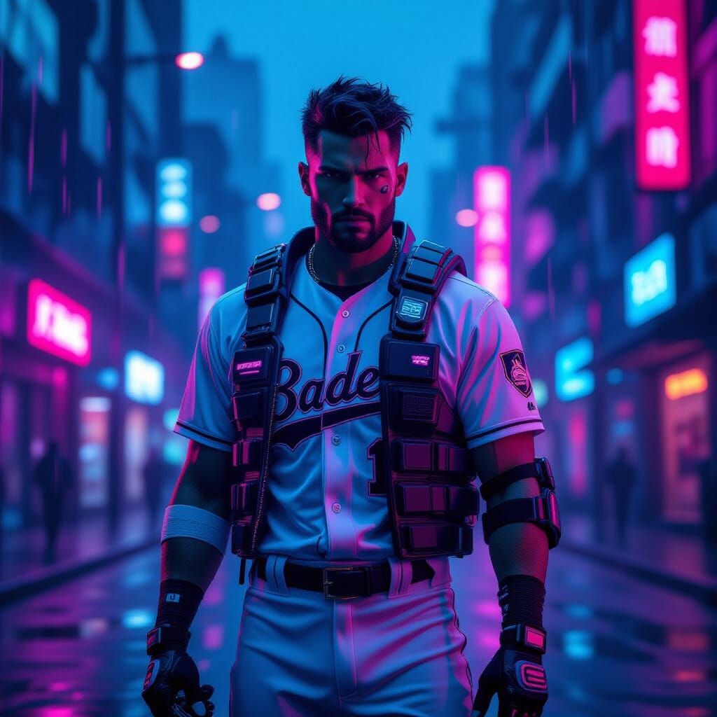Cyberpunk Baseball Player in Neon Cityscape